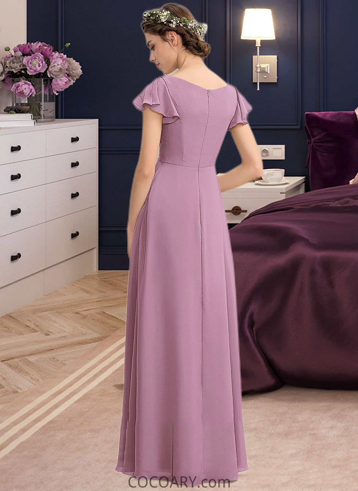 Clara A-Line V-neck Floor-Length Chiffon Bridesmaid Dress With Cascading Ruffles Pockets DA8P0012910