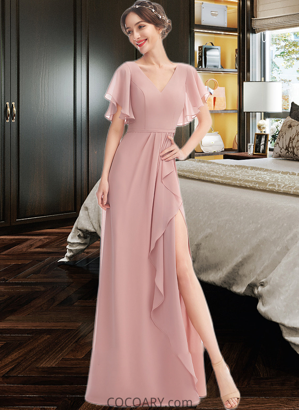 Micah A-Line V-neck Floor-Length Bridesmaid Dress With Ruffle Split Front DA8P0012923