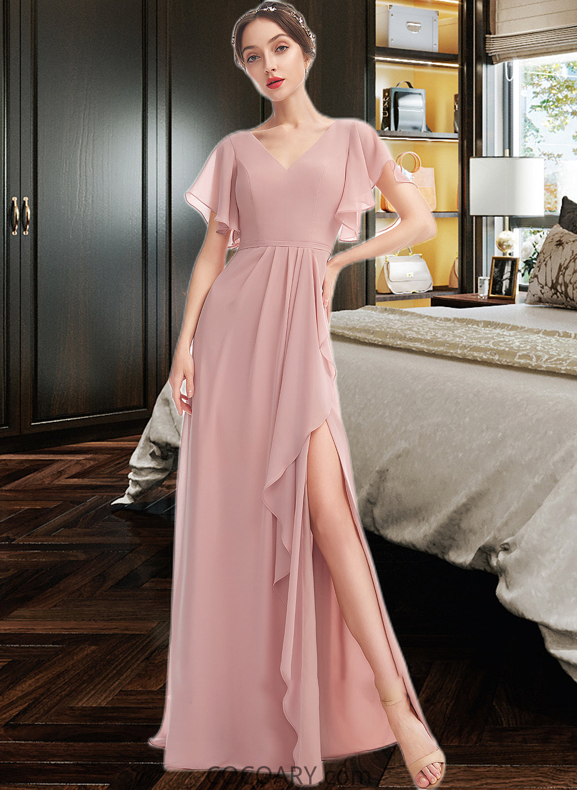 Micah A-Line V-neck Floor-Length Bridesmaid Dress With Ruffle Split Front DA8P0012923