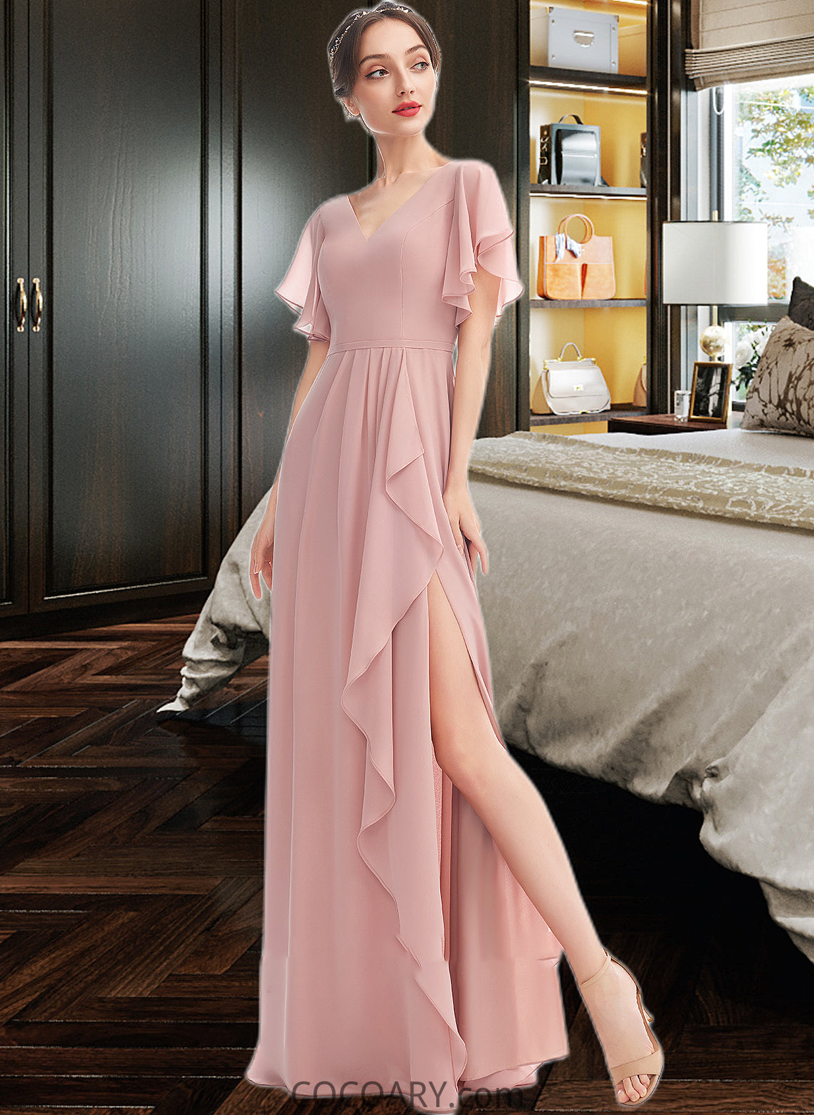 Micah A-Line V-neck Floor-Length Bridesmaid Dress With Ruffle Split Front DA8P0012923