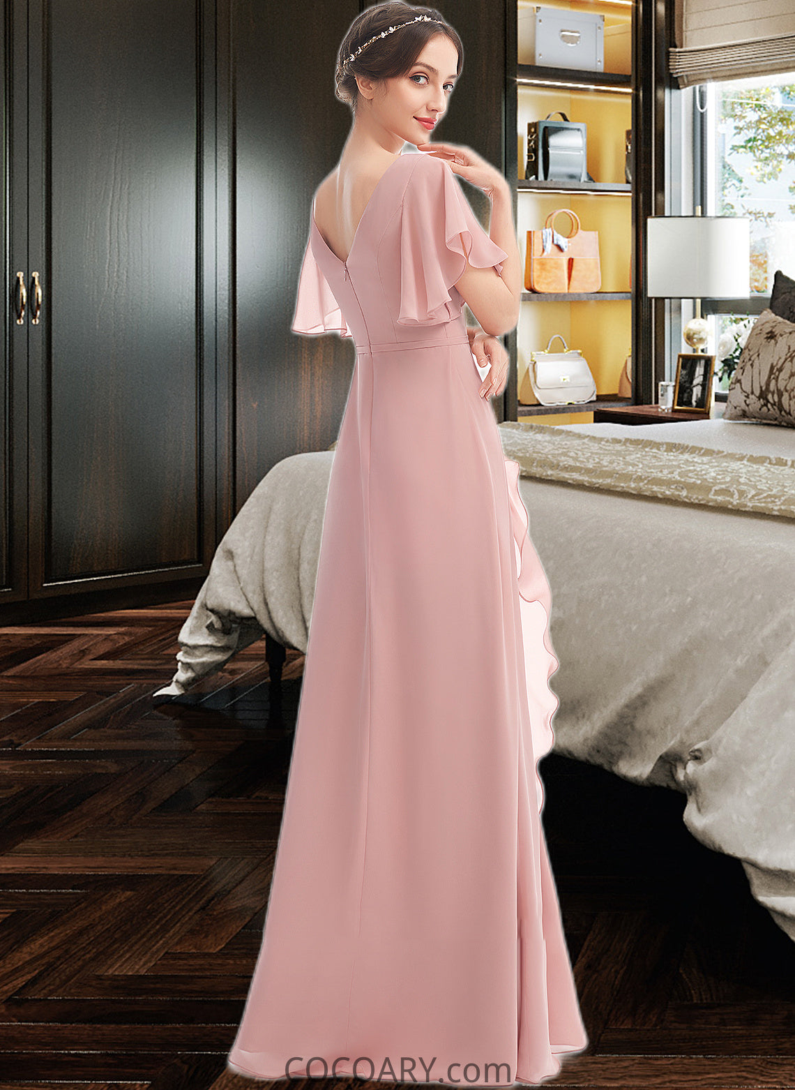 Micah A-Line V-neck Floor-Length Bridesmaid Dress With Ruffle Split Front DA8P0012923