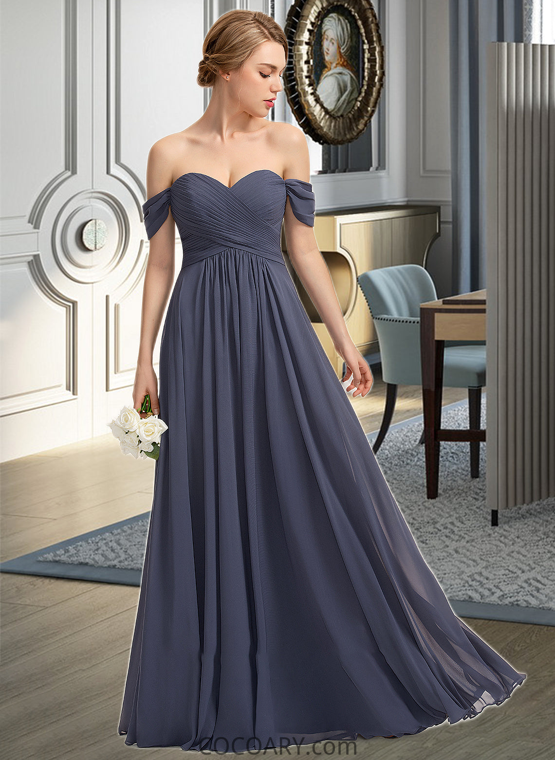 Jazmyn A-line Off the Shoulder Floor-Length Chiffon Bridesmaid Dress With Ruffle DA8P0012924