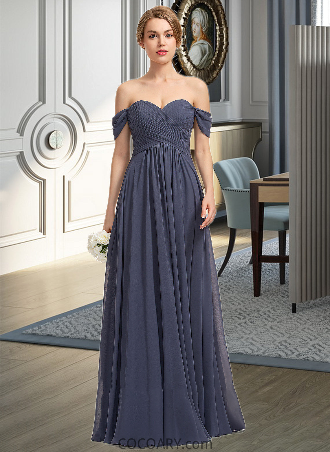 Jazmyn A-line Off the Shoulder Floor-Length Chiffon Bridesmaid Dress With Ruffle DA8P0012924