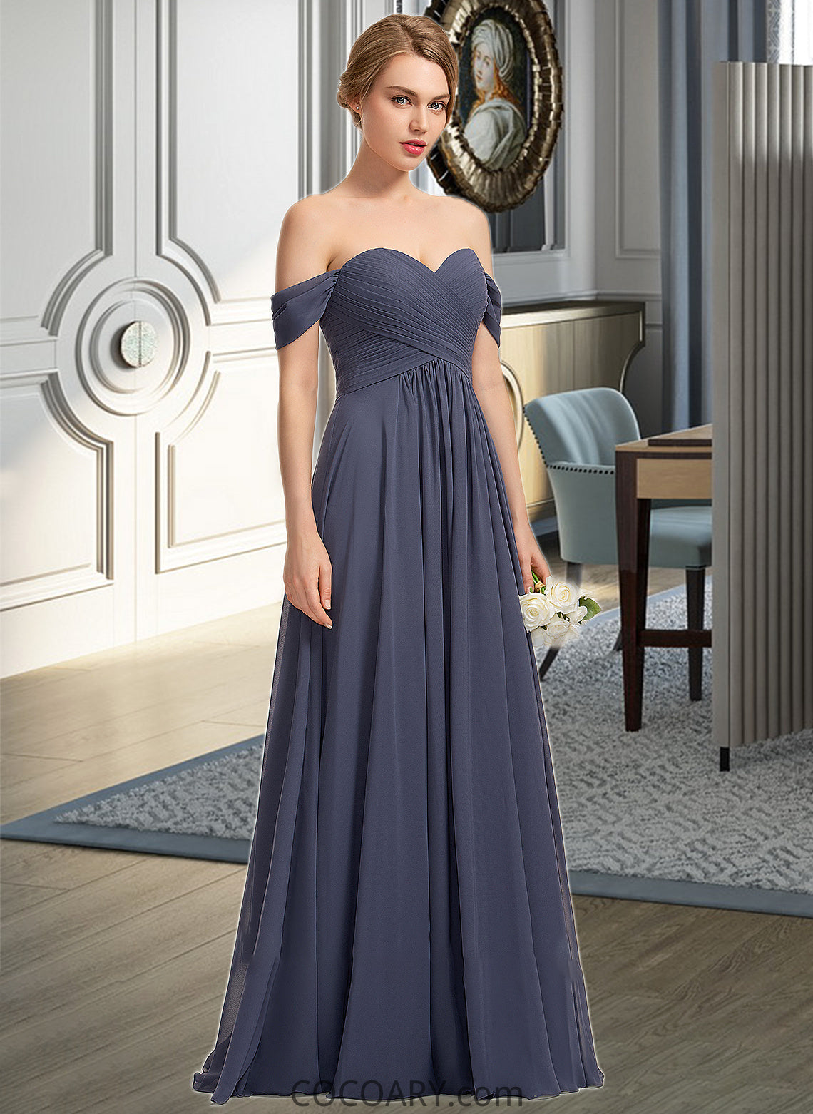 Jazmyn A-line Off the Shoulder Floor-Length Chiffon Bridesmaid Dress With Ruffle DA8P0012924