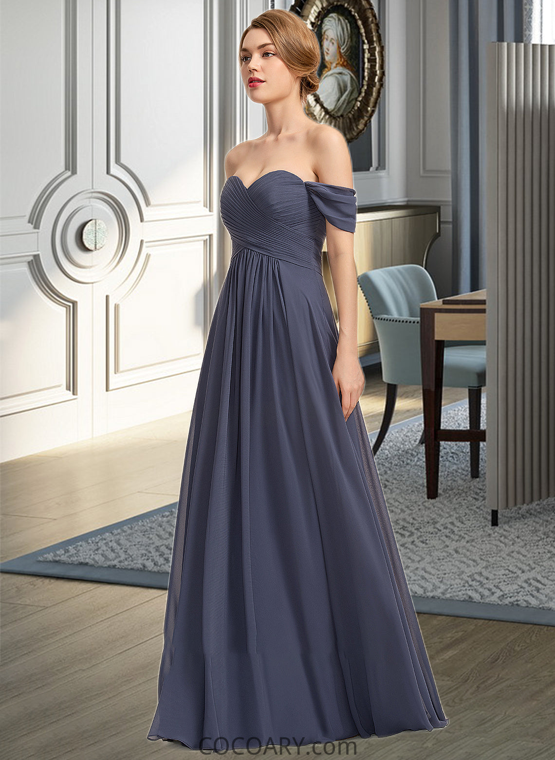 Jazmyn A-line Off the Shoulder Floor-Length Chiffon Bridesmaid Dress With Ruffle DA8P0012924