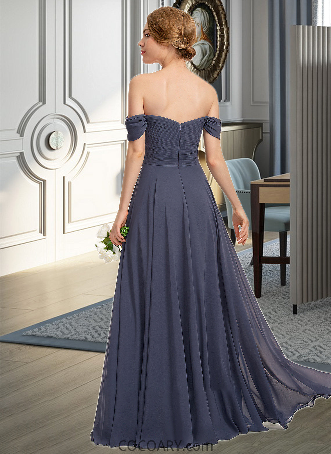 Jazmyn A-line Off the Shoulder Floor-Length Chiffon Bridesmaid Dress With Ruffle DA8P0012924