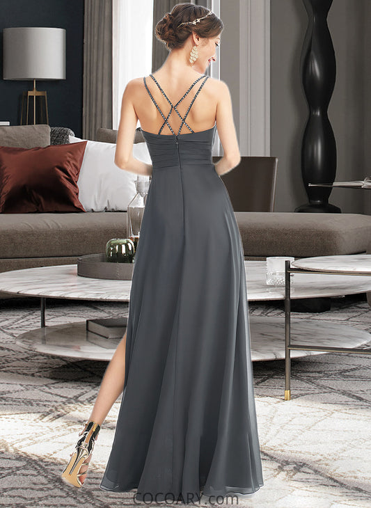 Azaria A-Line V-neck Floor-Length Bridesmaid Dress With Ruffle Beading Split Front DA8P0012926