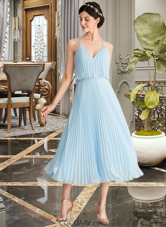 Peggie A-line V-Neck Tea-Length Chiffon Bridesmaid Dress With Pleated DA8P0012930