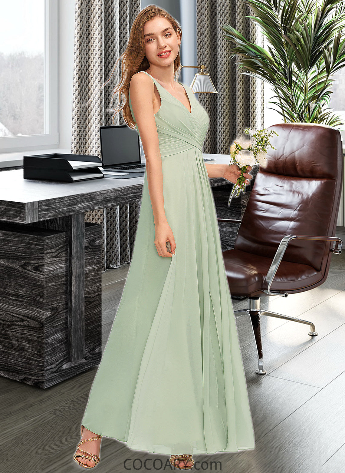 Elvira A-Line V-neck Floor-Length Chiffon Bridesmaid Dress With Ruffle Split Front DA8P0012933