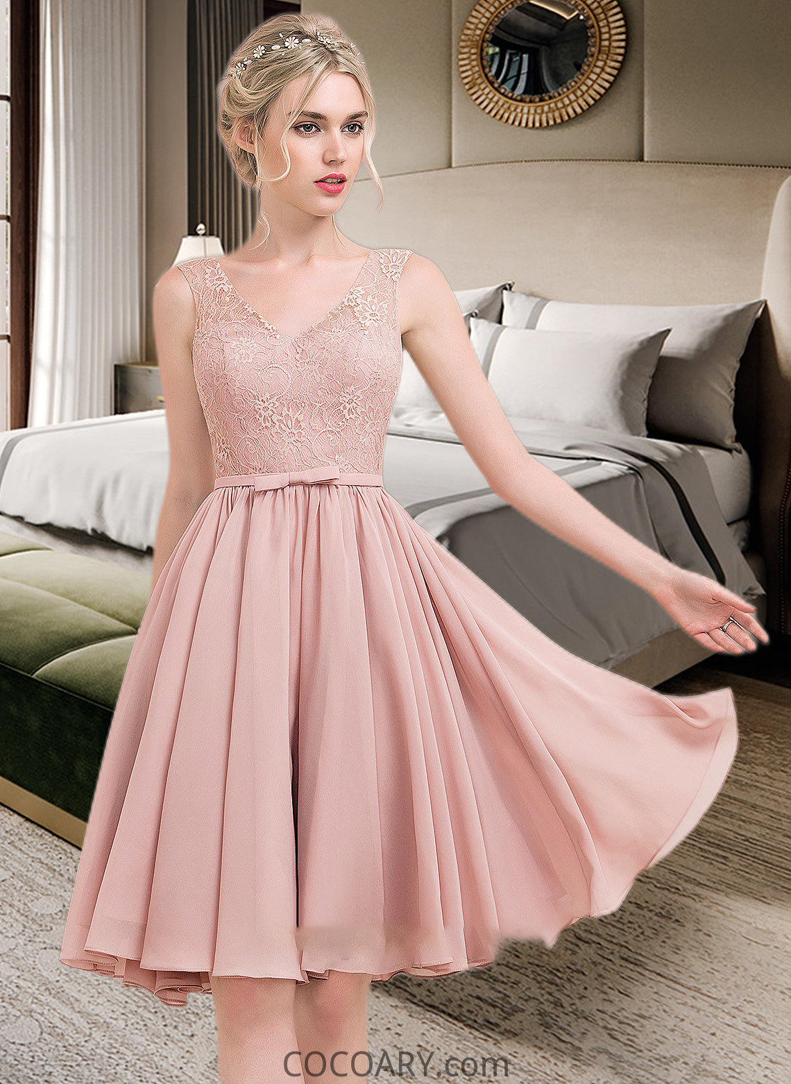 Caroline A-Line V-neck Knee-Length Chiffon Lace Bridesmaid Dress With Bow(s) DA8P0012939