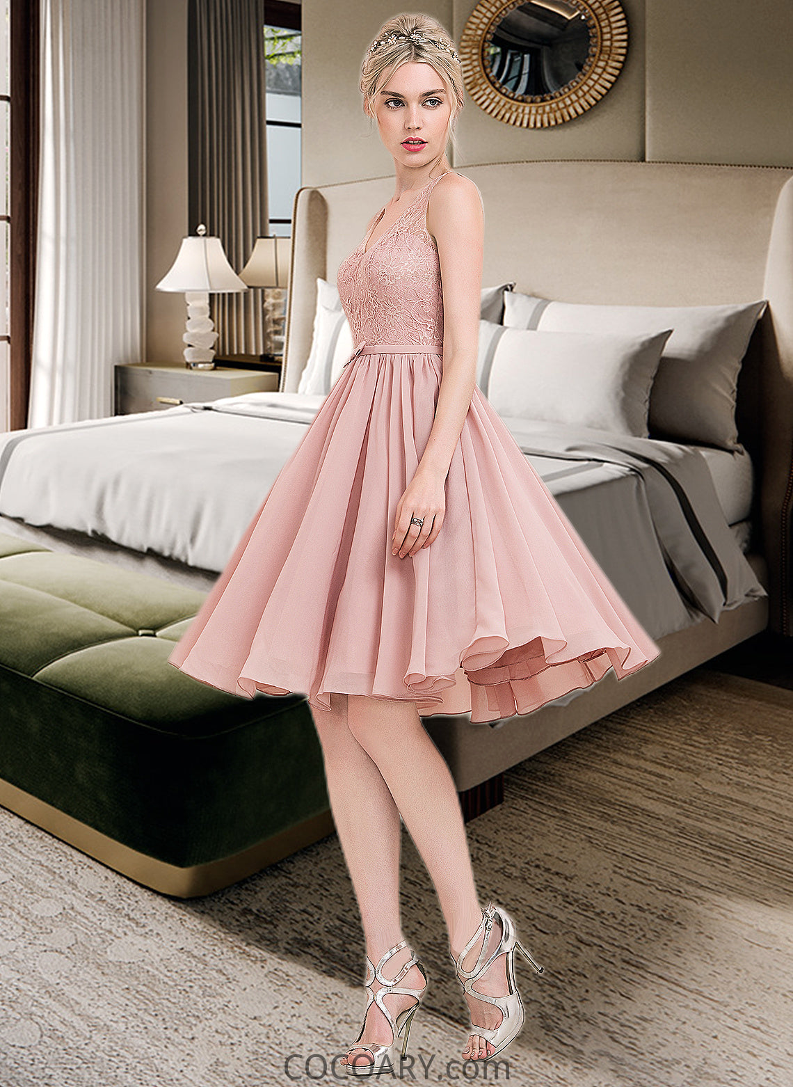 Caroline A-Line V-neck Knee-Length Chiffon Lace Bridesmaid Dress With Bow(s) DA8P0012939