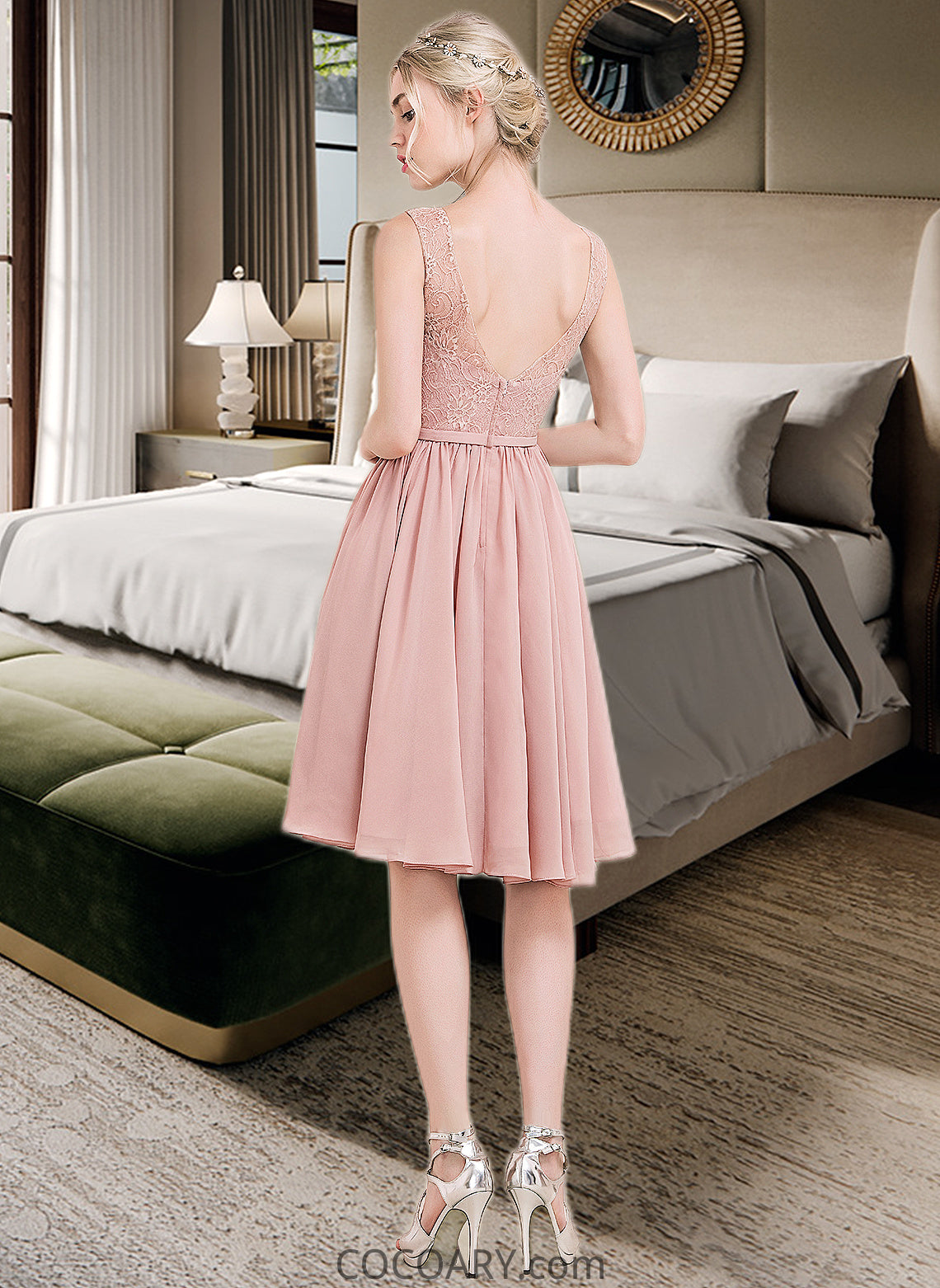 Caroline A-Line V-neck Knee-Length Chiffon Lace Bridesmaid Dress With Bow(s) DA8P0012939