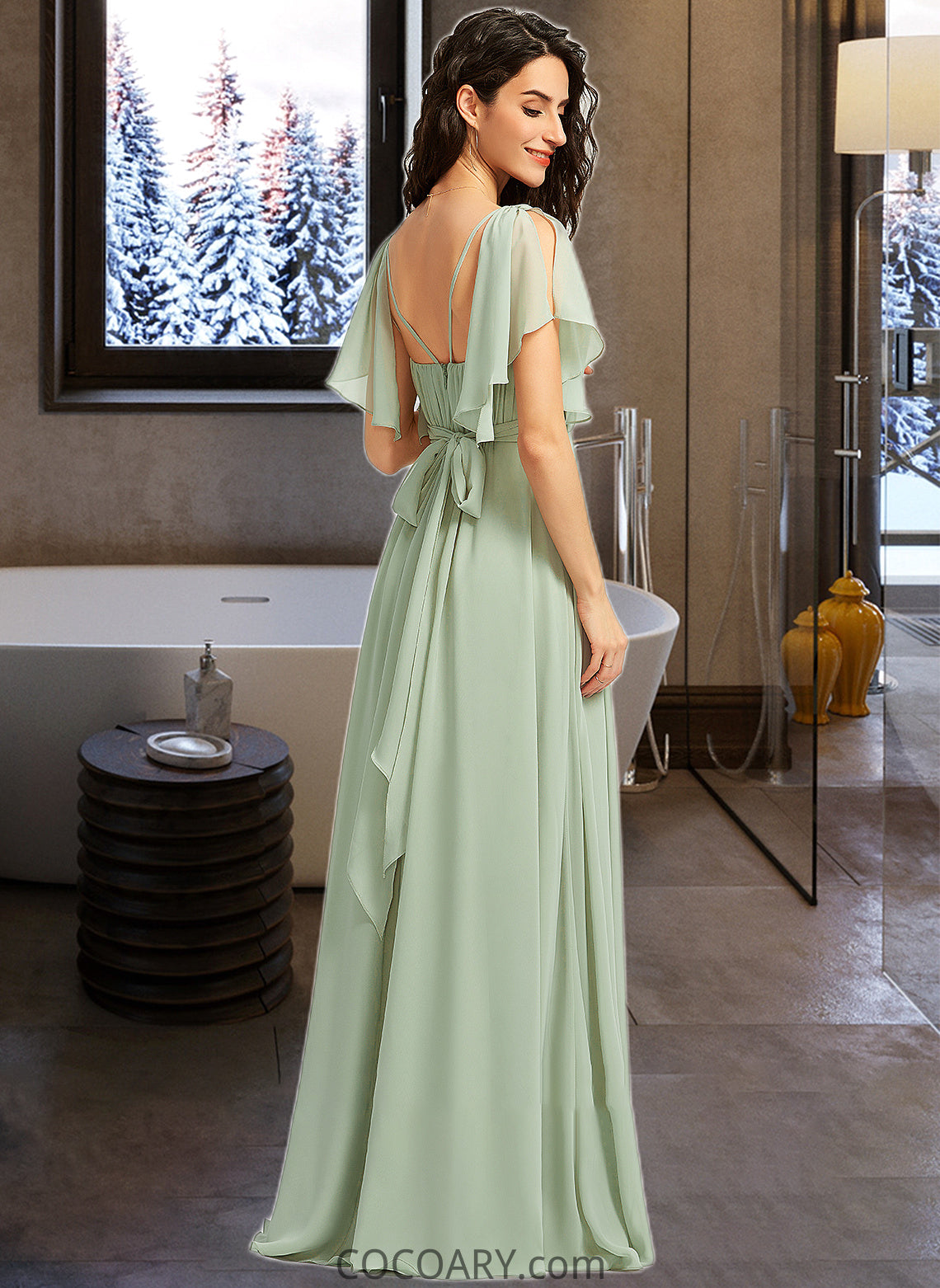 Cristal A-Line V-neck Floor-Length Bridesmaid Dress With Ruffle DA8P0012940