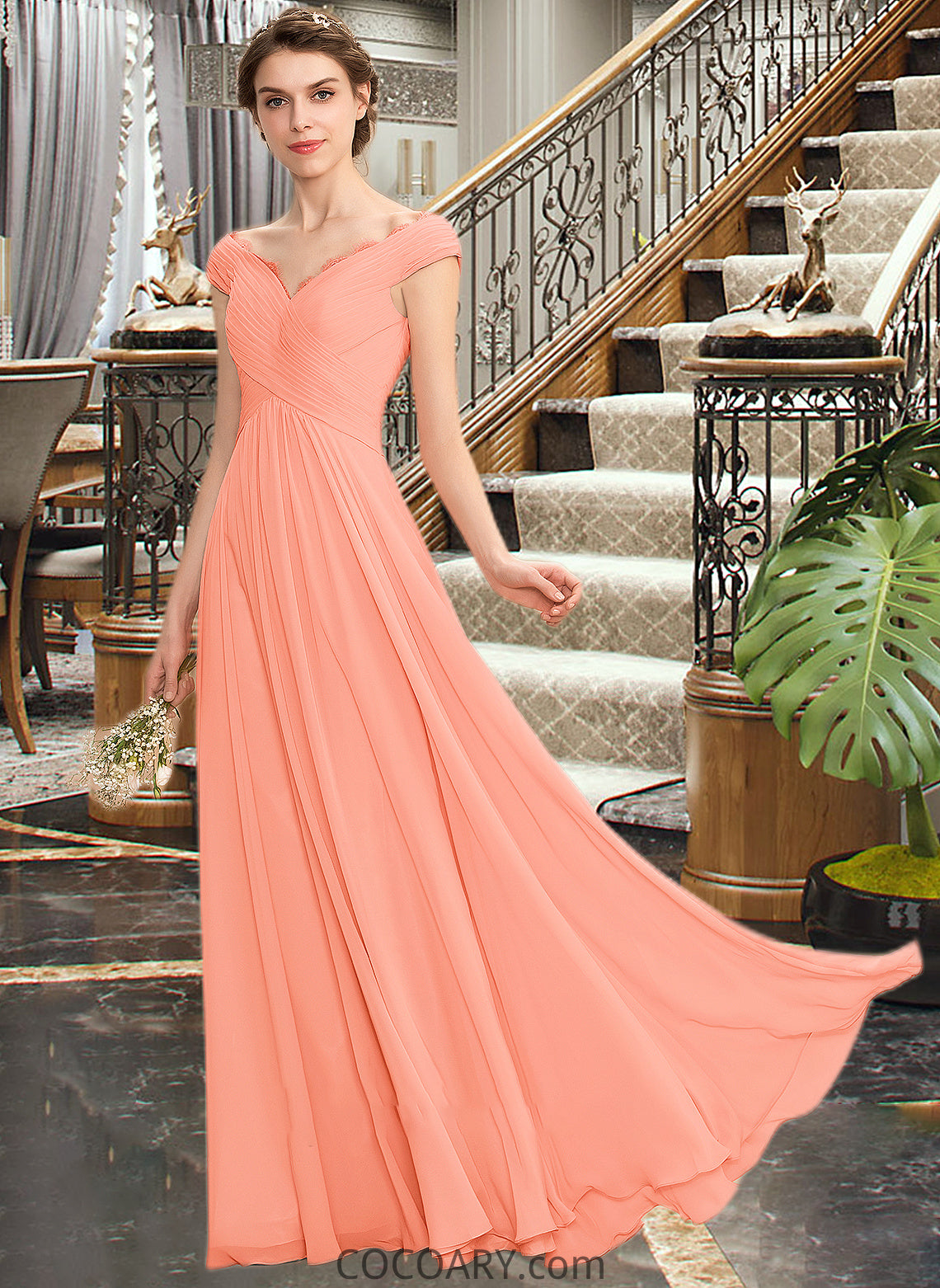 Nancy A-Line Off-the-Shoulder Floor-Length Chiffon Bridesmaid Dress With Ruffle Lace DA8P0012941