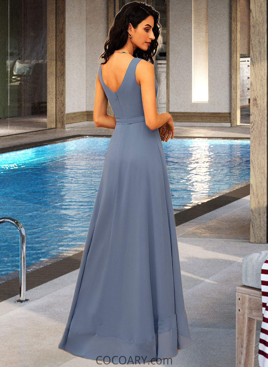 Cara A-Line V-neck Asymmetrical Chiffon Bridesmaid Dress With Ruffle Bow(s) DA8P0012942