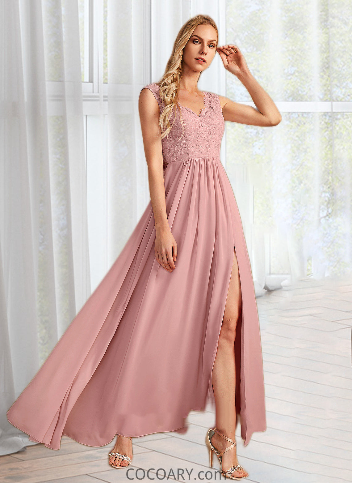 Aliya A-Line V-neck Floor-Length Bridesmaid Dress With Split Front Pockets DA8P0012943