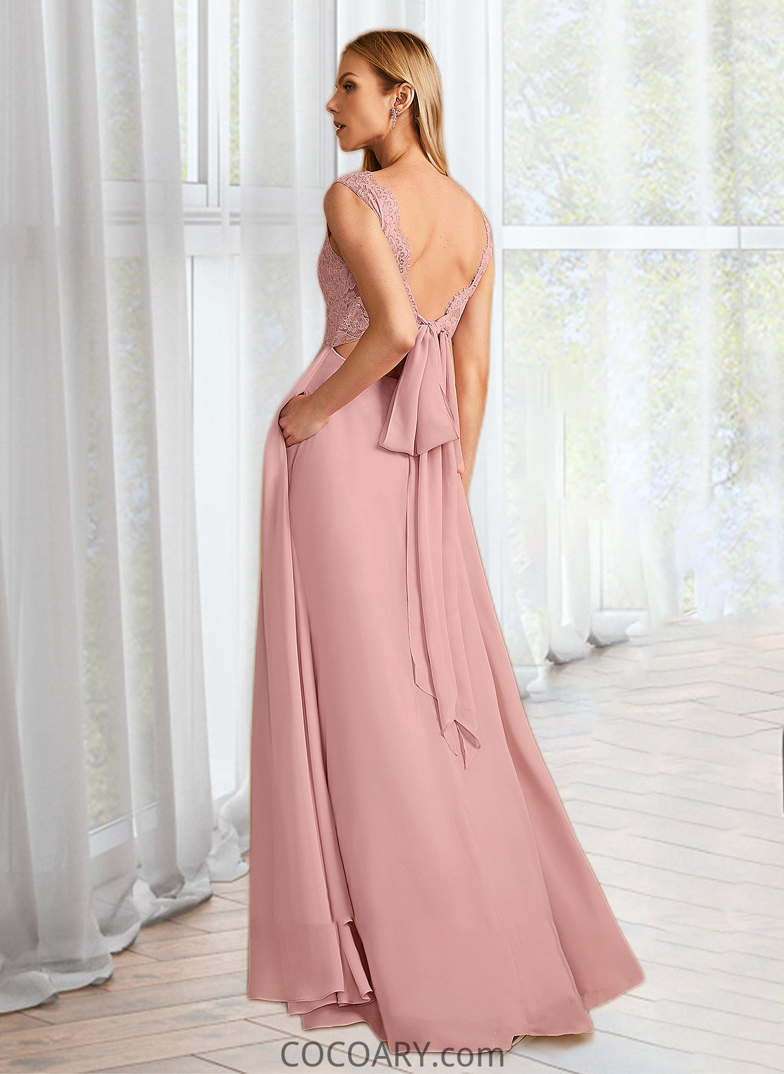 Aliya A-Line V-neck Floor-Length Bridesmaid Dress With Split Front Pockets DA8P0012943