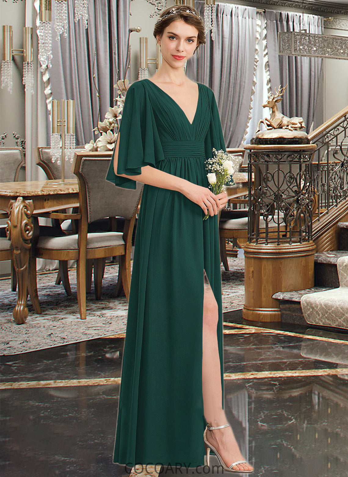 Roberta A-Line V-neck Floor-Length Chiffon Bridesmaid Dress With Ruffle Bow(s) Split Front DA8P0012948