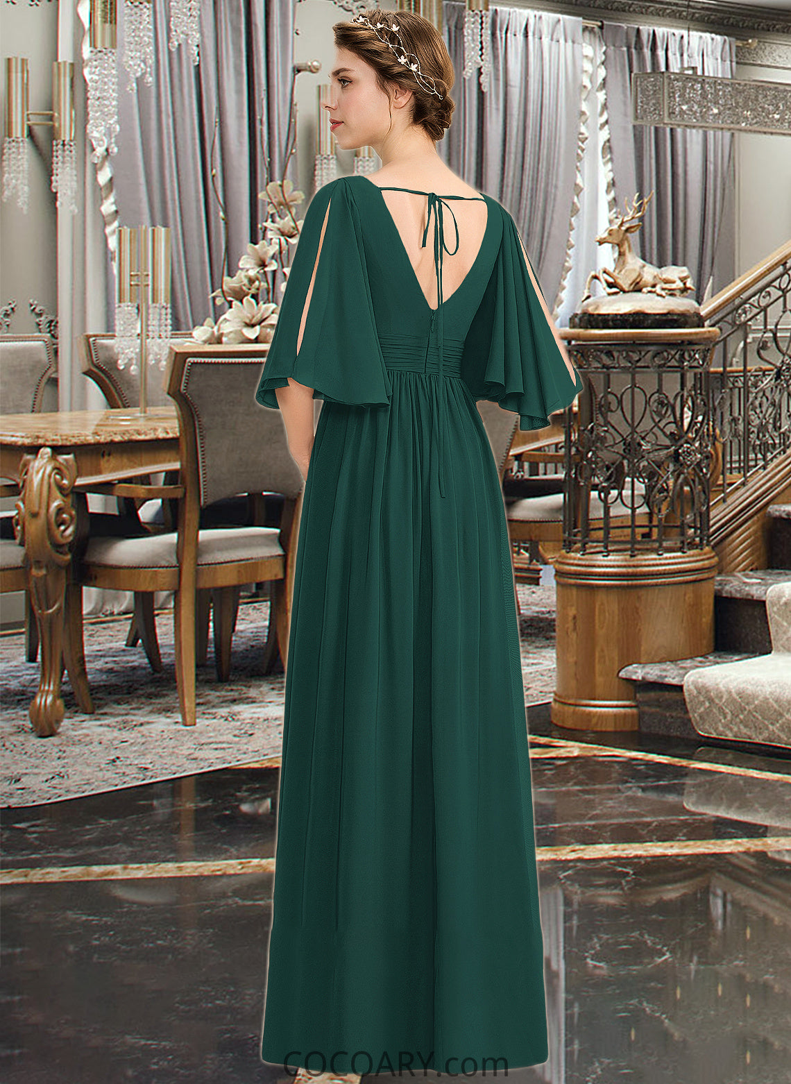 Roberta A-Line V-neck Floor-Length Chiffon Bridesmaid Dress With Ruffle Bow(s) Split Front DA8P0012948