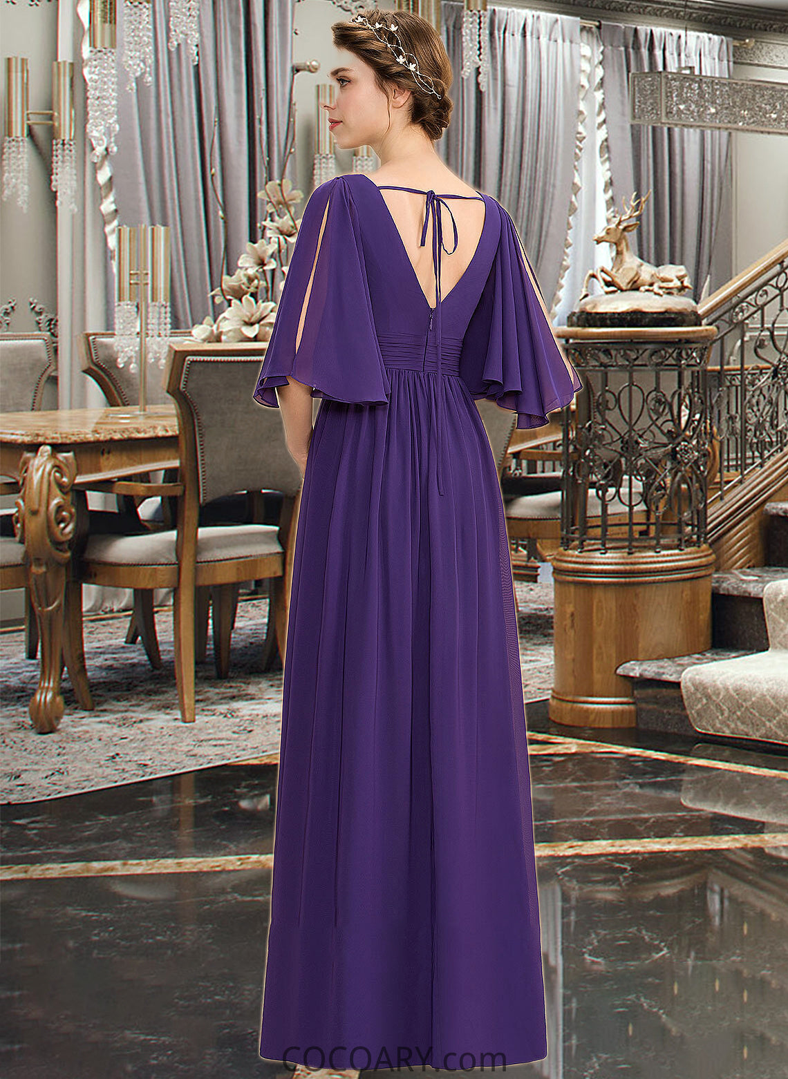 Roberta A-Line V-neck Floor-Length Chiffon Bridesmaid Dress With Ruffle Bow(s) Split Front DA8P0012948