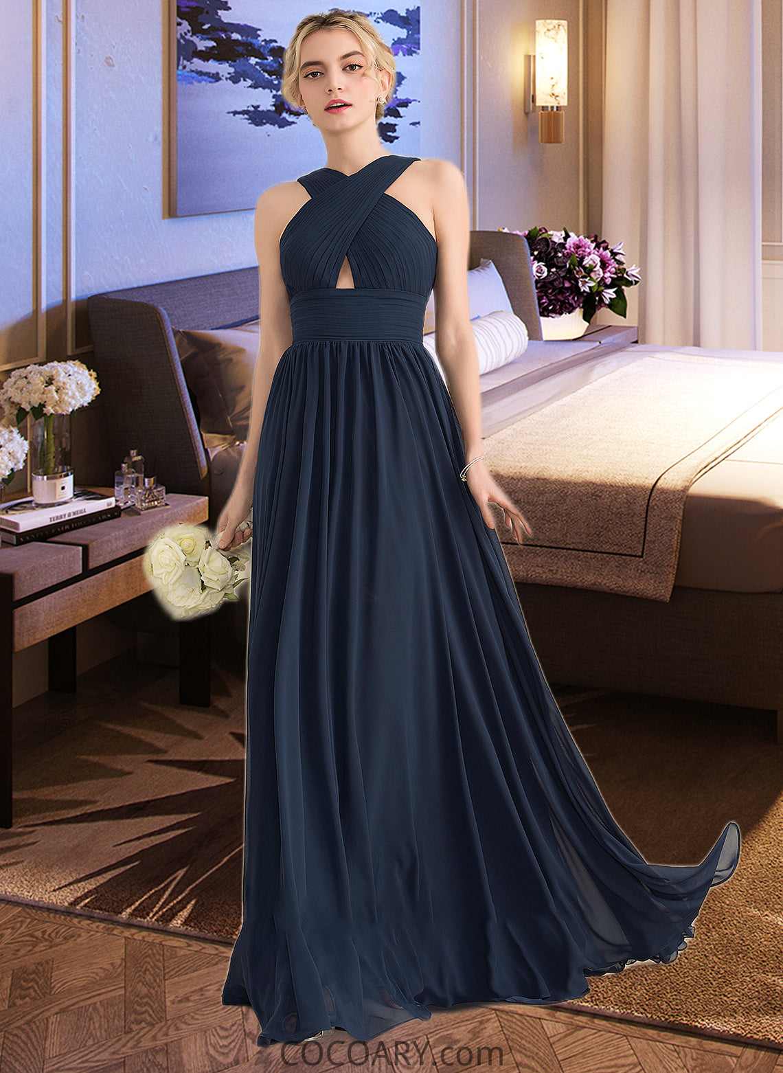 Ursula A-line V-Neck Sweep Train Chiffon Bridesmaid Dress With Ruffle DA8P0012949