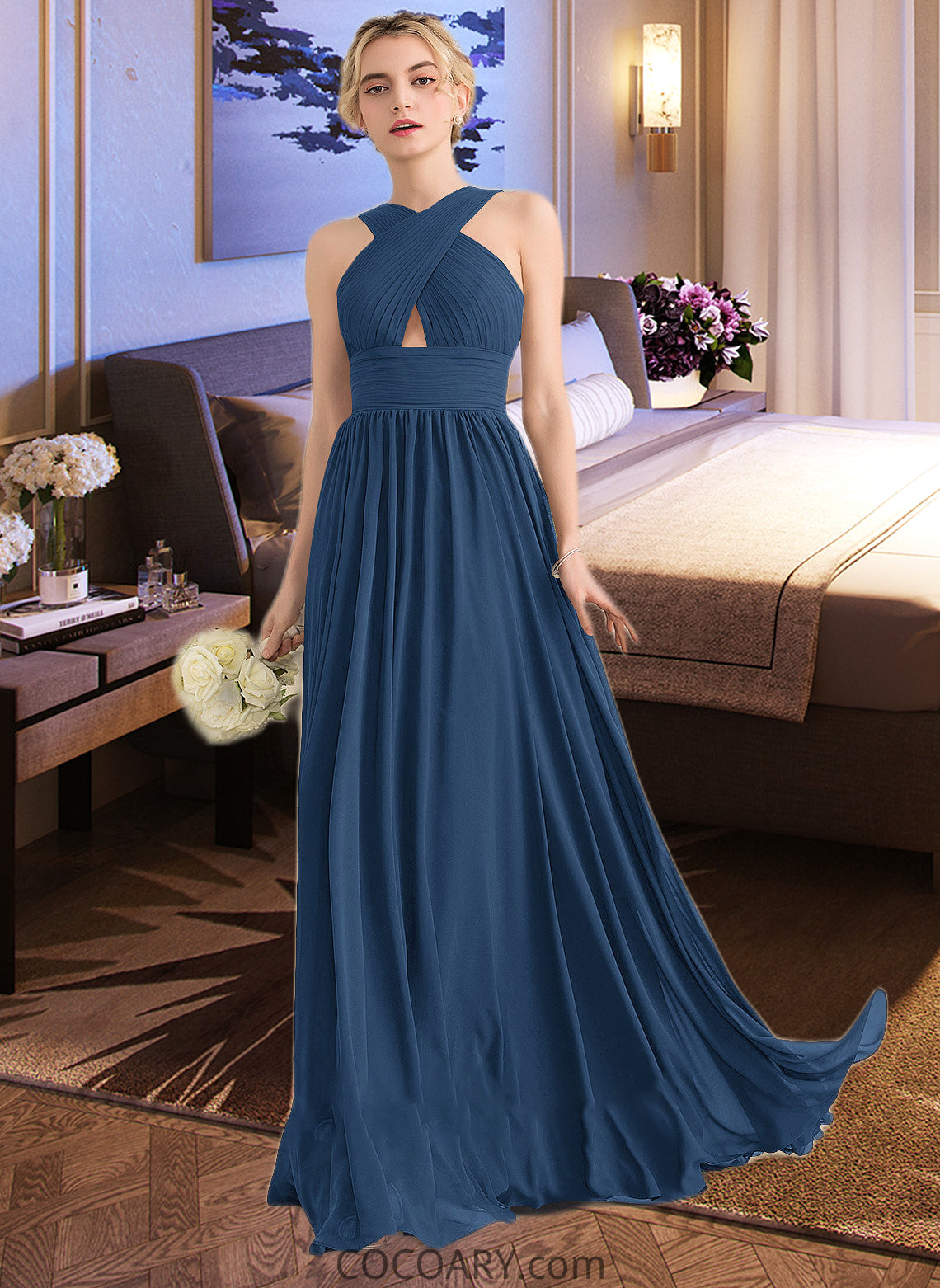 Ursula A-line V-Neck Sweep Train Chiffon Bridesmaid Dress With Ruffle DA8P0012949