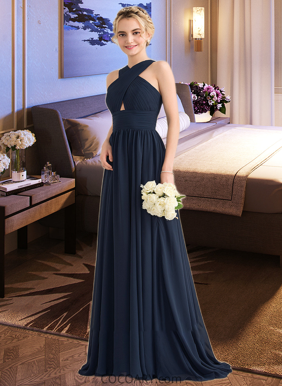 Ursula A-line V-Neck Sweep Train Chiffon Bridesmaid Dress With Ruffle DA8P0012949