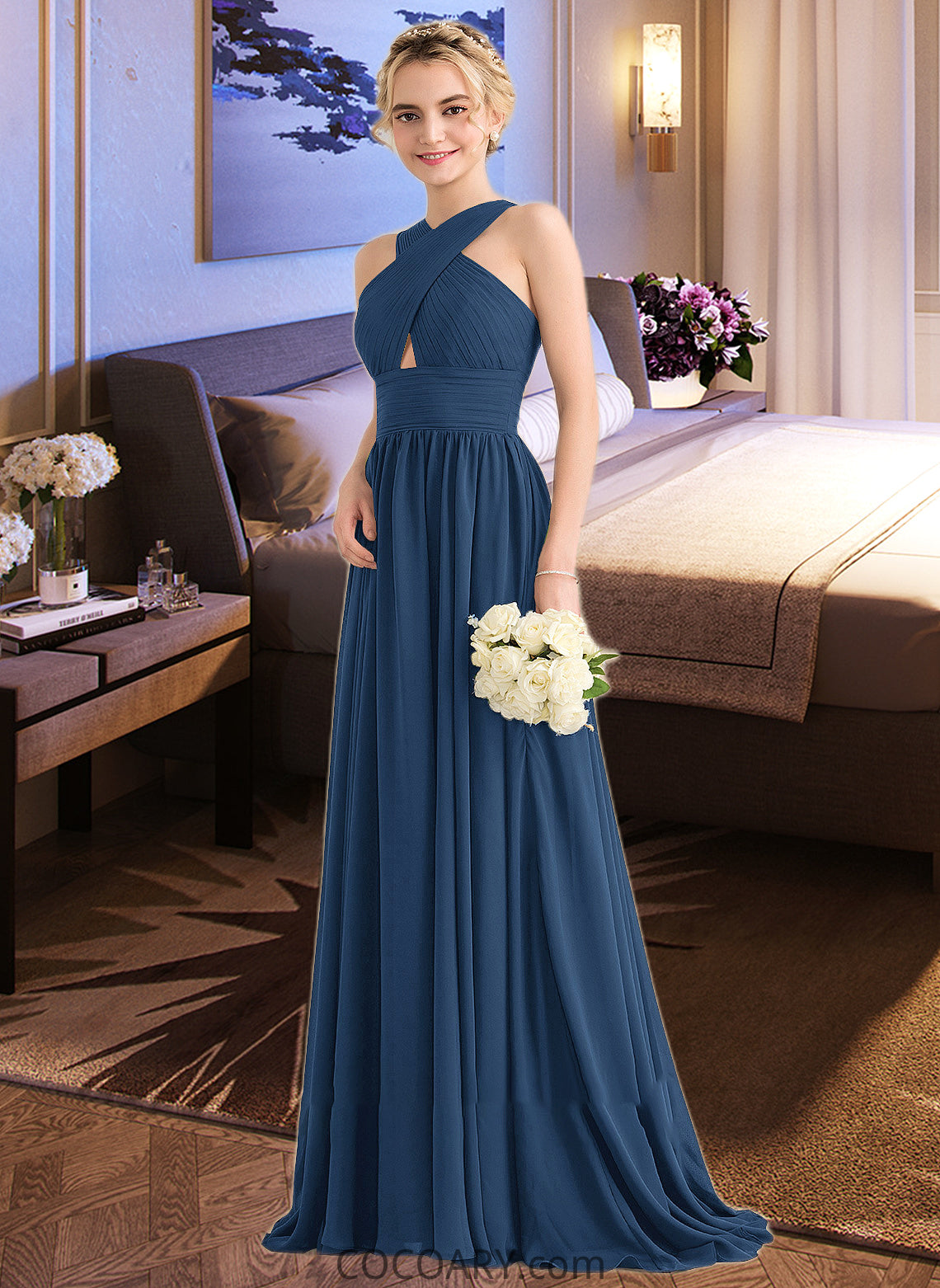 Ursula A-line V-Neck Sweep Train Chiffon Bridesmaid Dress With Ruffle DA8P0012949