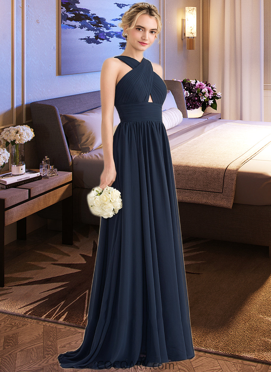 Ursula A-line V-Neck Sweep Train Chiffon Bridesmaid Dress With Ruffle DA8P0012949