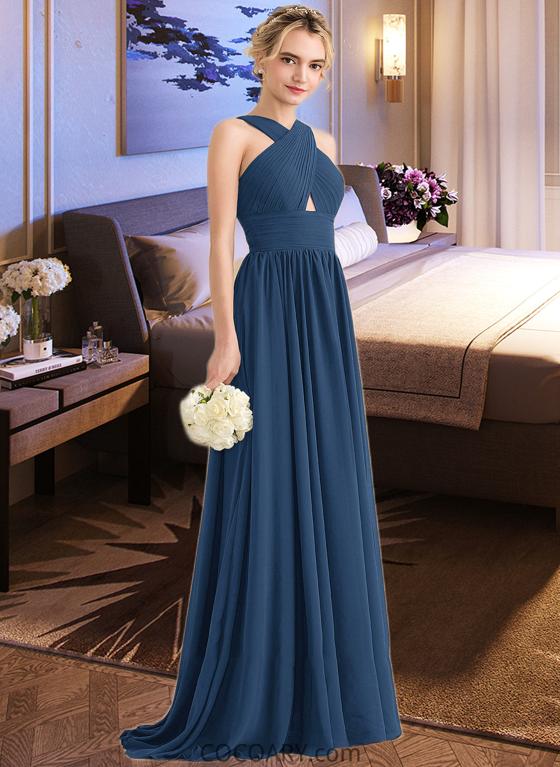 Ursula A-line V-Neck Sweep Train Chiffon Bridesmaid Dress With Ruffle DA8P0012949