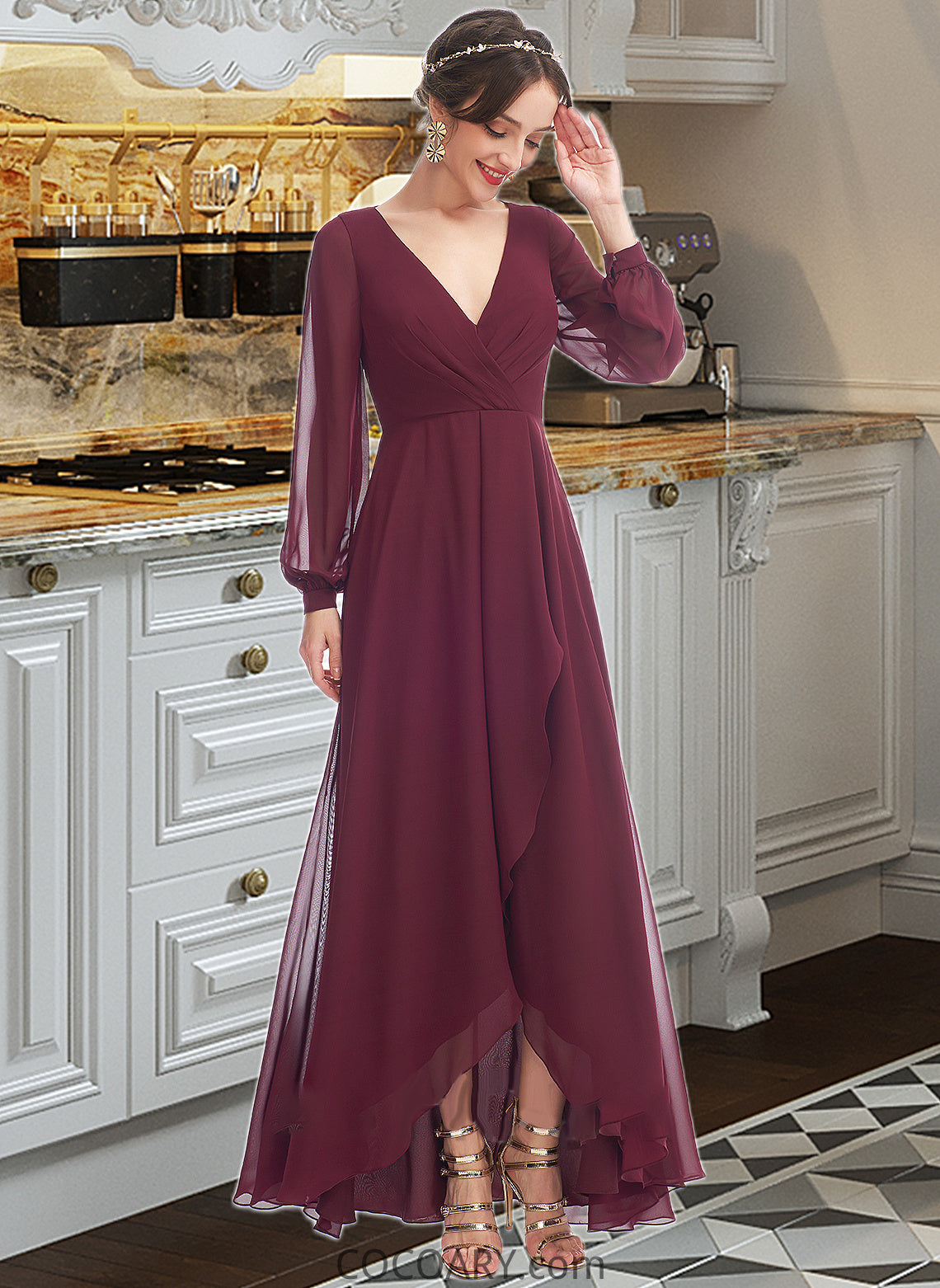 Makena A-Line V-neck Asymmetrical Bridesmaid Dress With Ruffle DA8P0012954