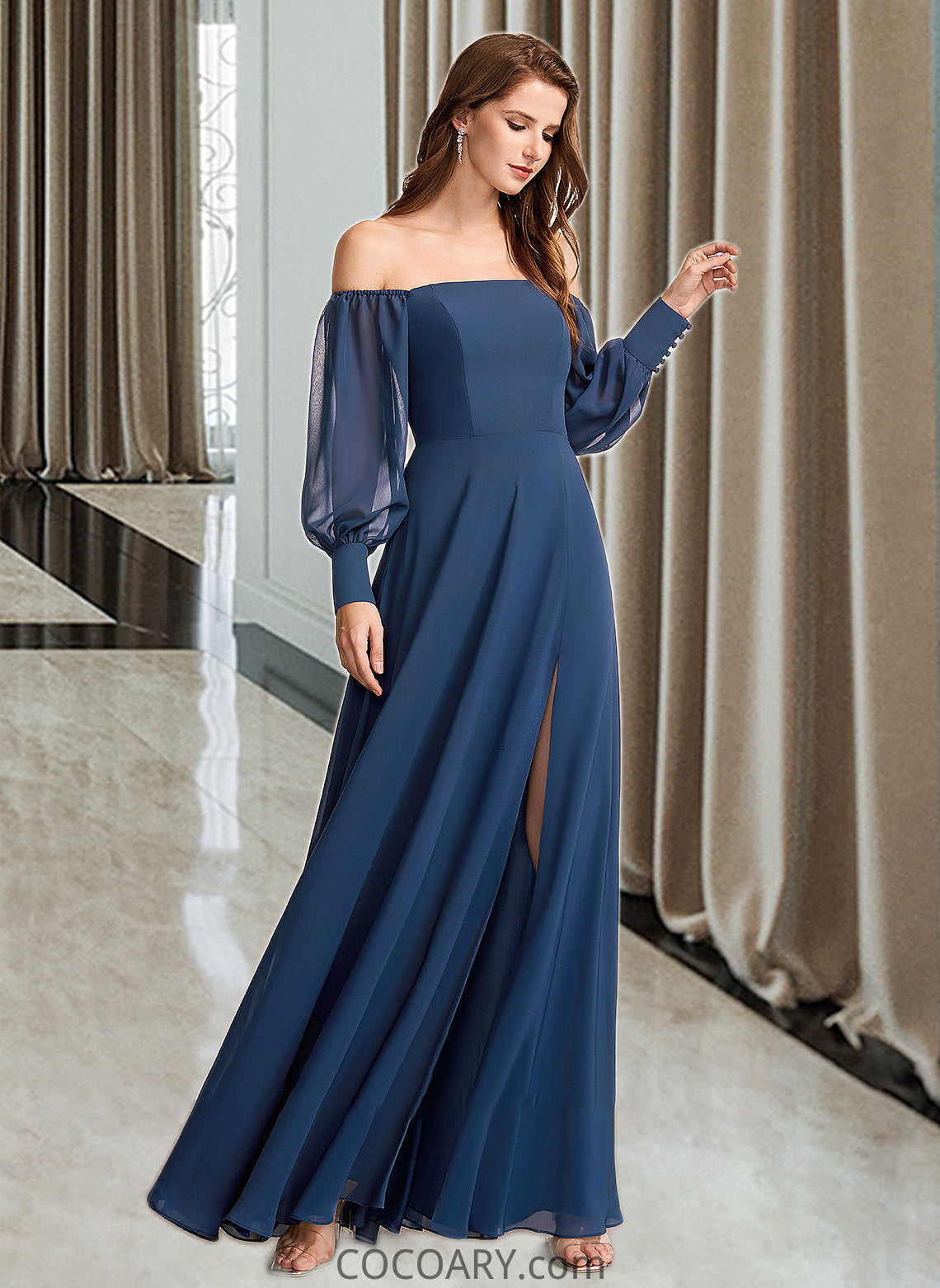 Trinity A-Line Off-the-Shoulder Floor-Length Bridesmaid Dress With Split Front DA8P0012956