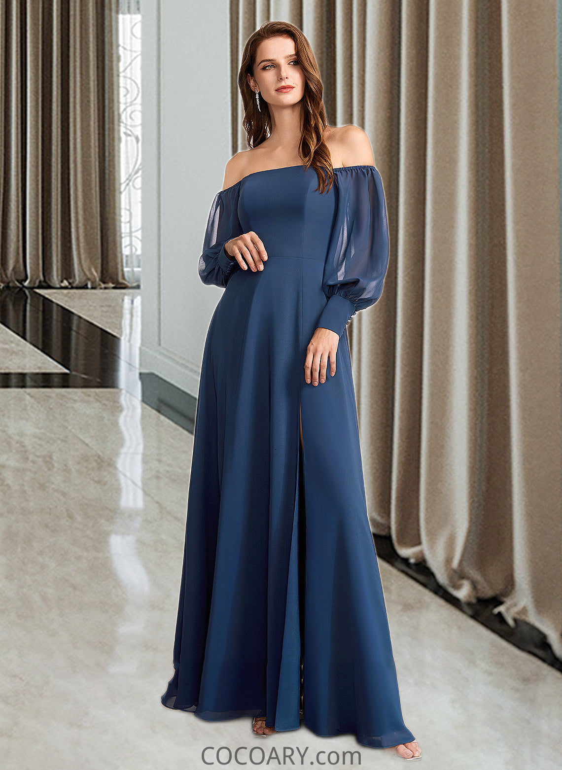 Trinity A-Line Off-the-Shoulder Floor-Length Bridesmaid Dress With Split Front DA8P0012956