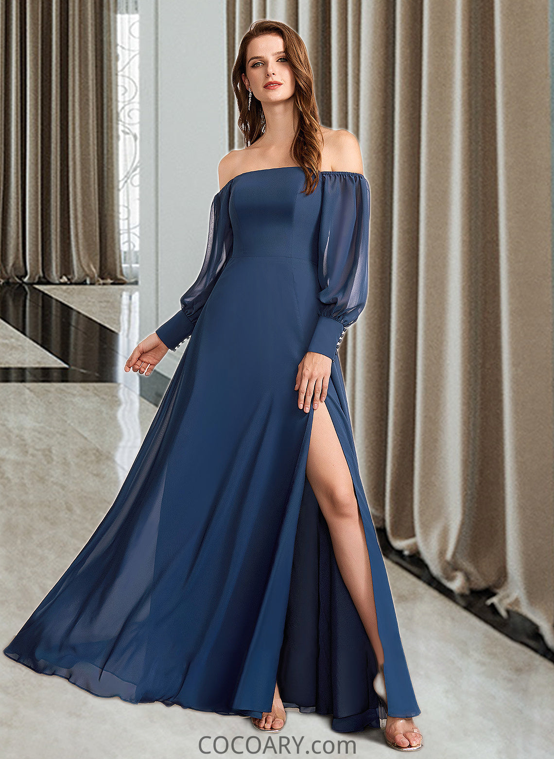 Trinity A-Line Off-the-Shoulder Floor-Length Bridesmaid Dress With Split Front DA8P0012956