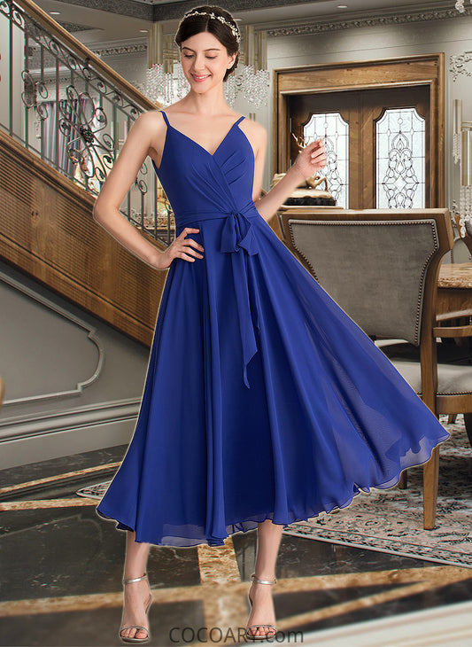 Jolie A-Line V-neck Tea-Length Chiffon Bridesmaid Dress With Ruffle Bow(s) DA8P0012958