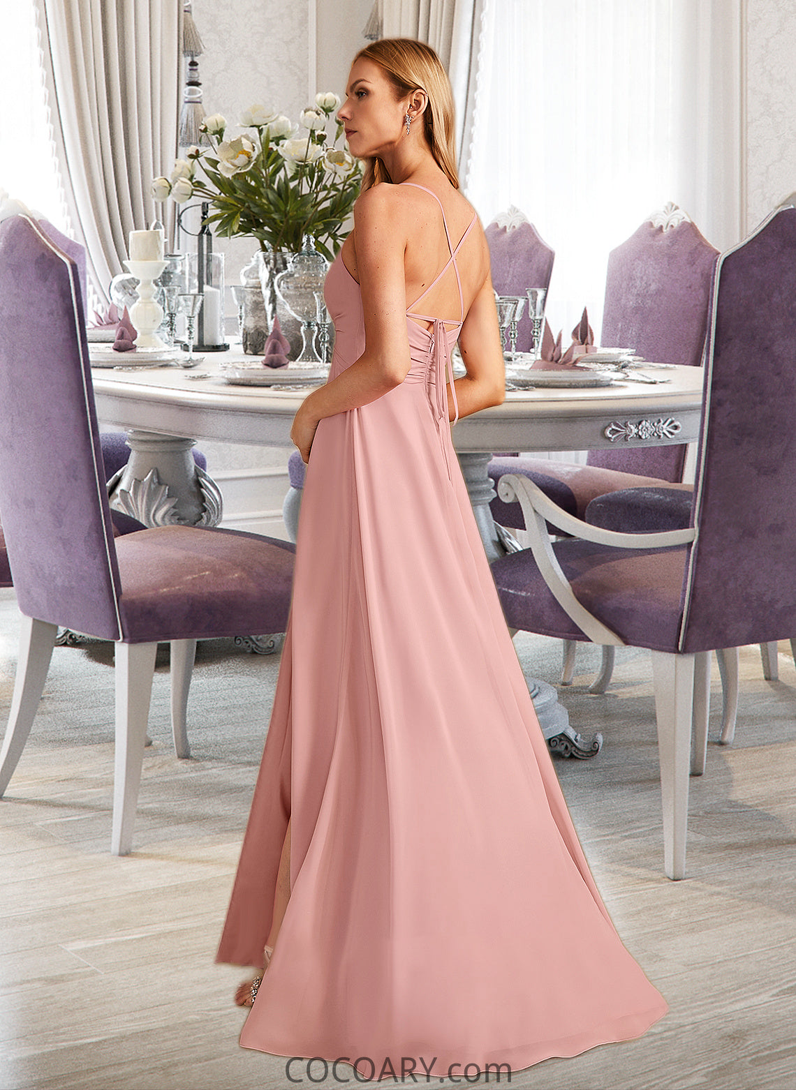 Sally A-Line V-neck Floor-Length Bridesmaid Dress With Split Front DA8P0012959