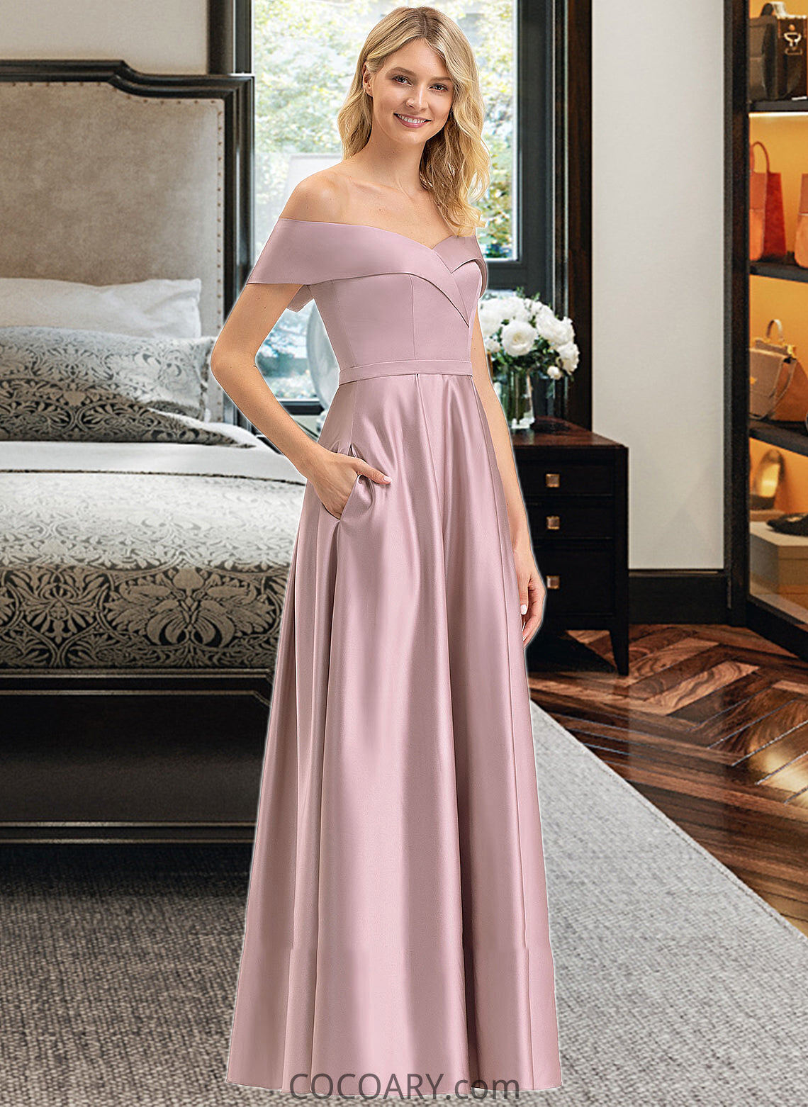 Jenny A-Line Off-the-Shoulder Floor-Length Satin Bridesmaid Dress With Pockets DA8P0012961