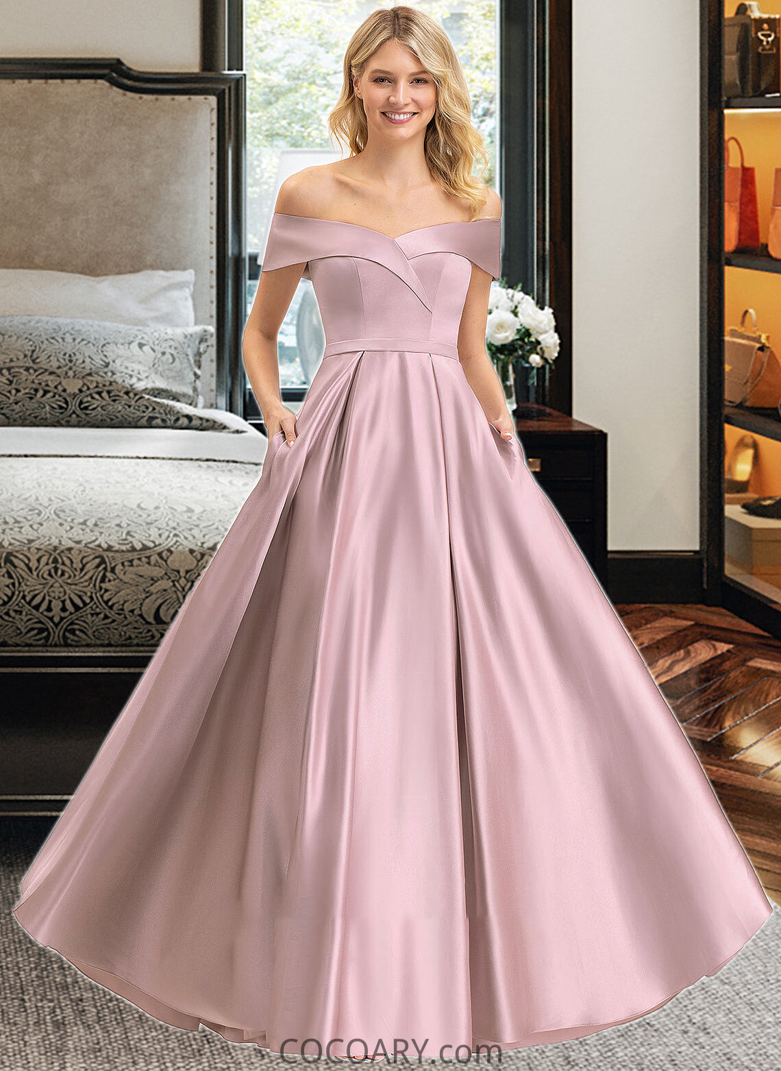 Jenny A-Line Off-the-Shoulder Floor-Length Satin Bridesmaid Dress With Pockets DA8P0012961