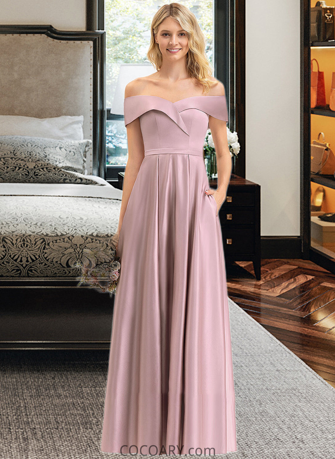 Jenny A-Line Off-the-Shoulder Floor-Length Satin Bridesmaid Dress With Pockets DA8P0012961