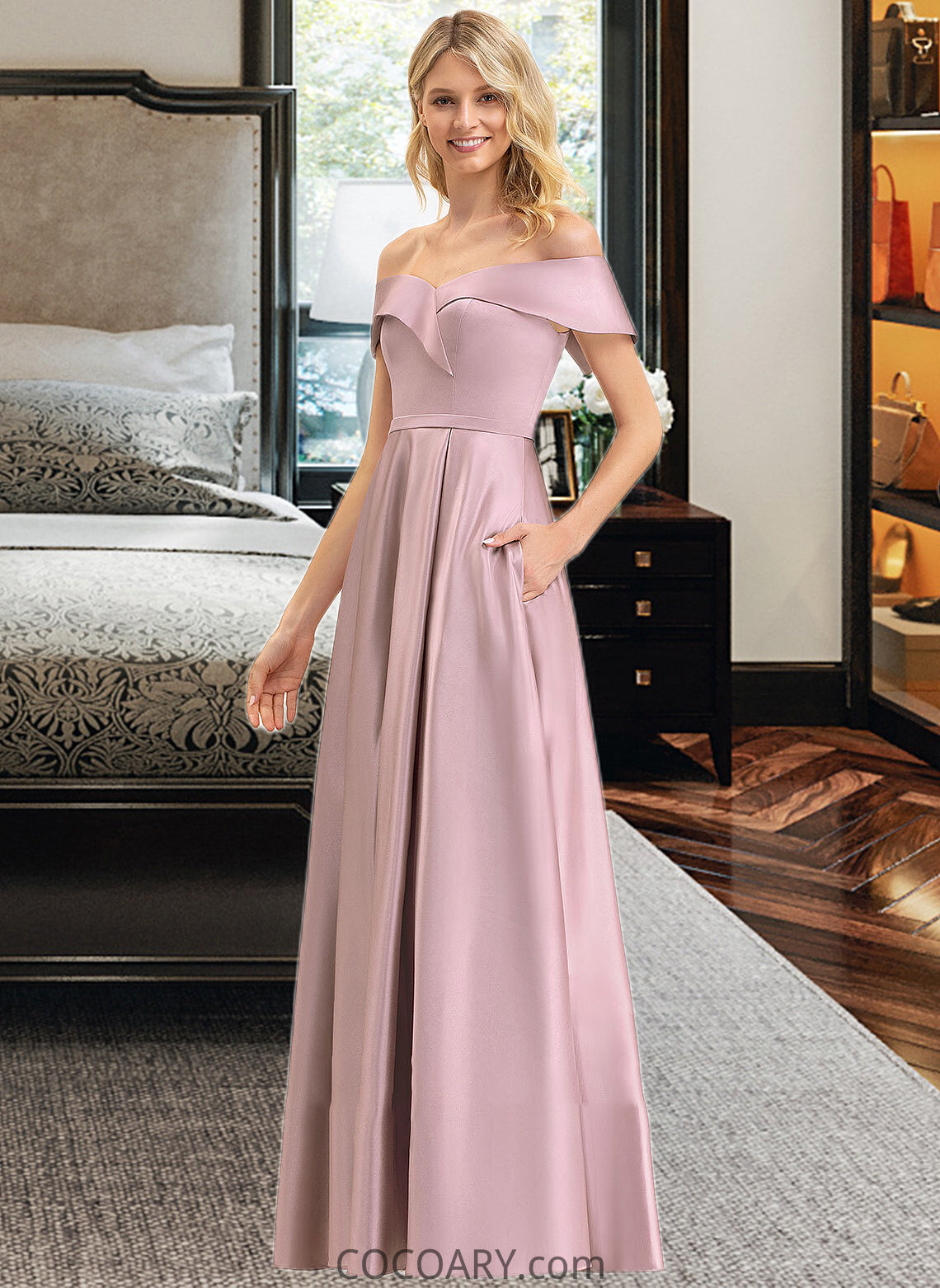 Jenny A-Line Off-the-Shoulder Floor-Length Satin Bridesmaid Dress With Pockets DA8P0012961