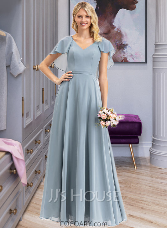 Setlla A-line V-Neck Floor-Length Chiffon Bridesmaid Dress With Cascading Ruffles DA8P0012962