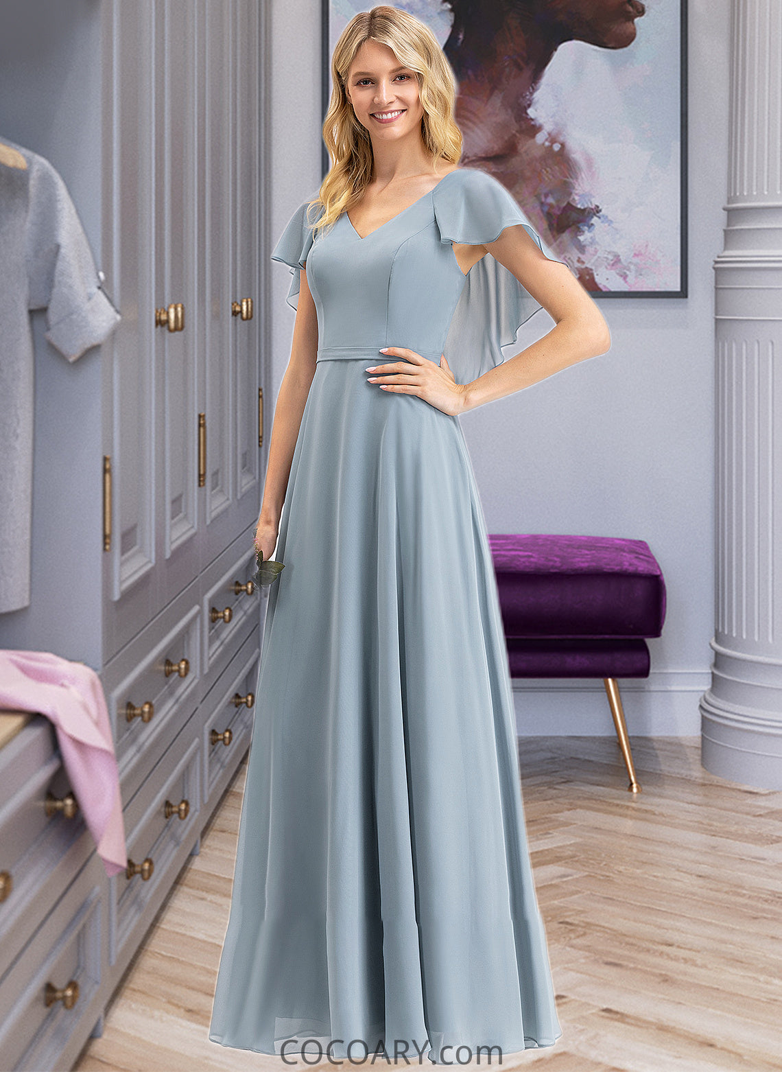 Setlla A-line V-Neck Floor-Length Chiffon Bridesmaid Dress With Cascading Ruffles DA8P0012962