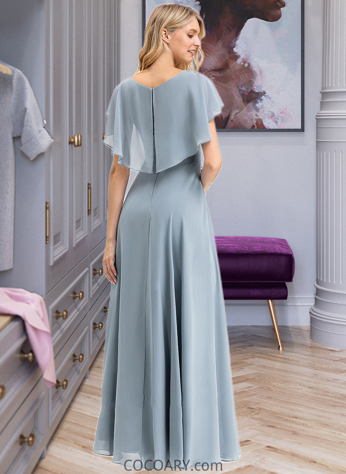 Setlla A-line V-Neck Floor-Length Chiffon Bridesmaid Dress With Cascading Ruffles DA8P0012962