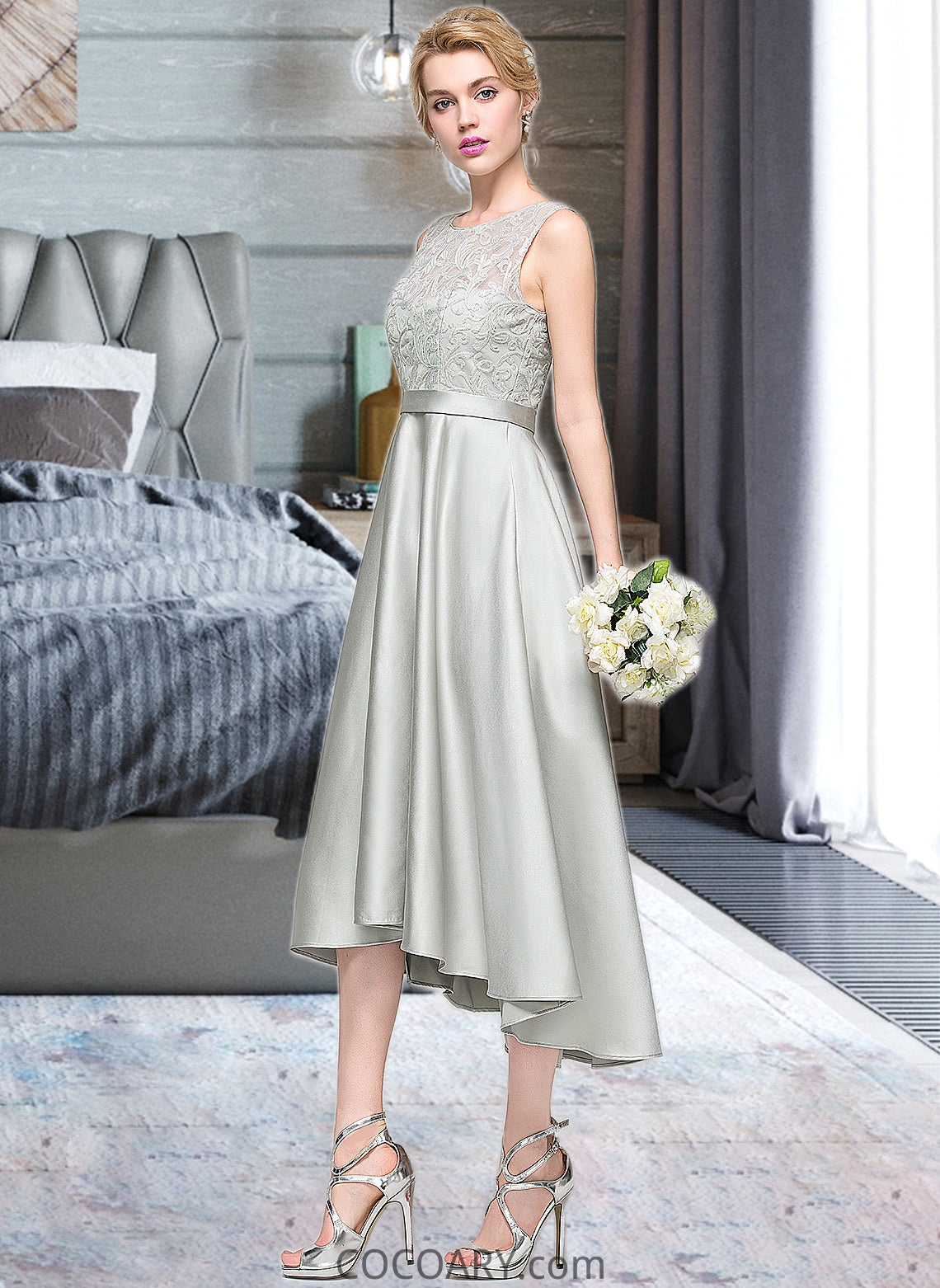 Margery A-Line Scoop Neck Asymmetrical Satin Bridesmaid Dress DA8P0012965