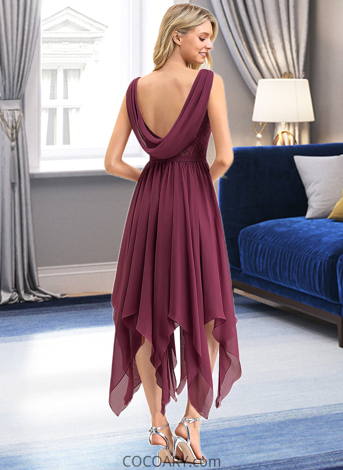 Krystal A-line V-Neck Ankle-Length Chiffon Lace Bridesmaid Dress DA8P0012969