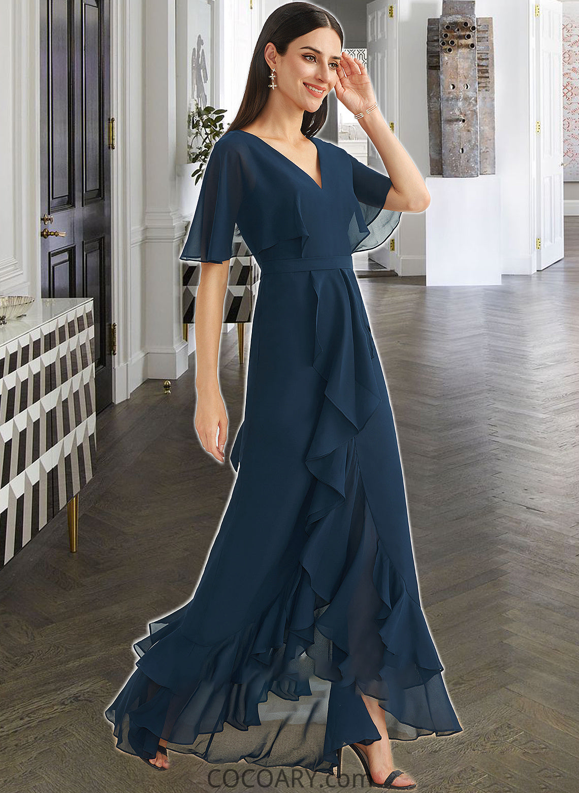 Cristina A-Line V-neck Asymmetrical Bridesmaid Dress With Split Front DA8P0012971