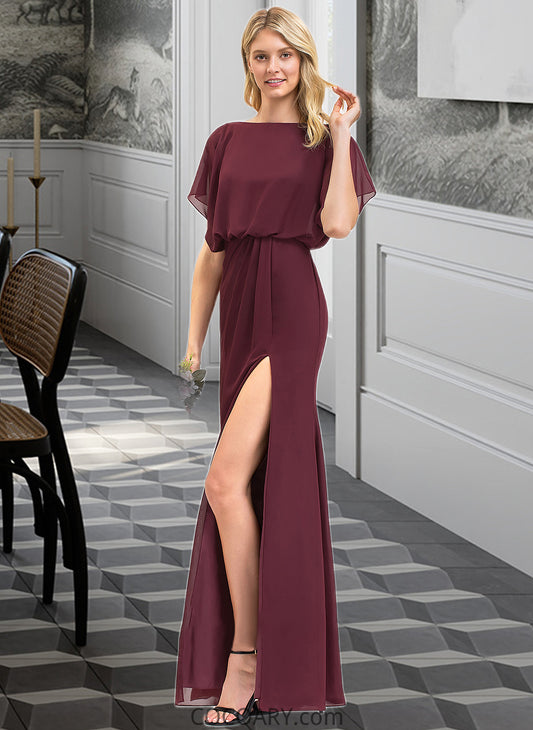 Shiloh Sheath/Column Scoop Neck Floor-Length Chiffon Bridesmaid Dress With Ruffle Split Front DA8P0012972