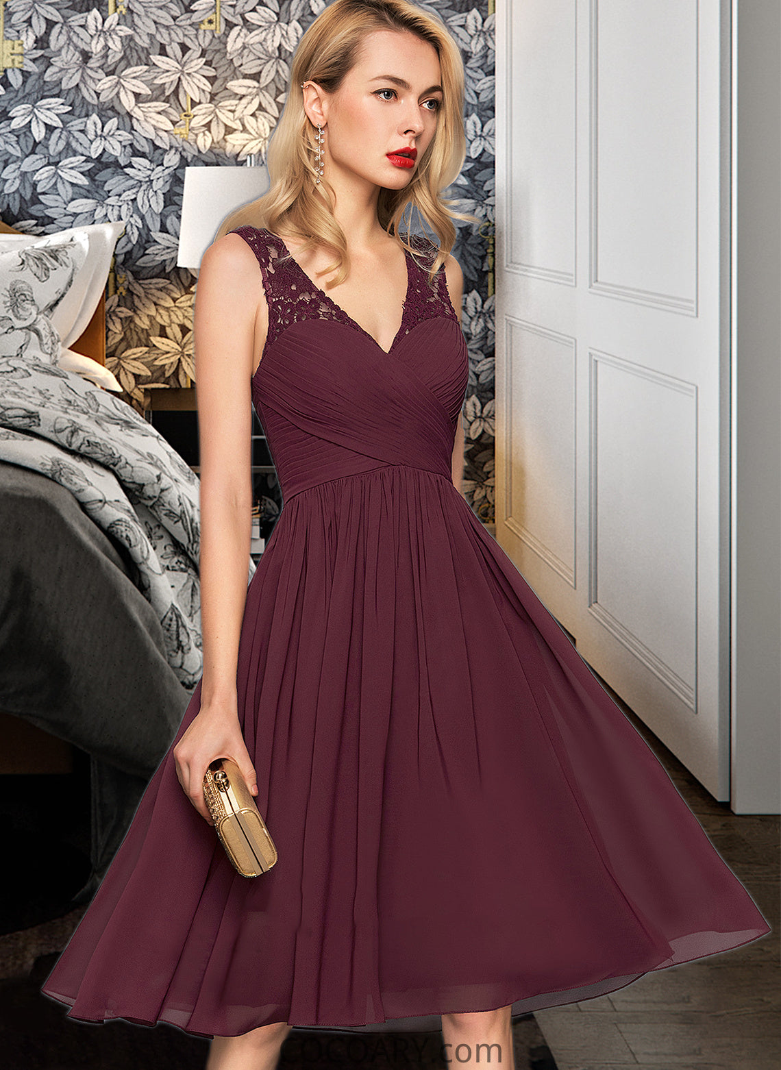 Jaylah A-Line V-neck Knee-Length Chiffon Bridesmaid Dress With Ruffle DA8P0012973