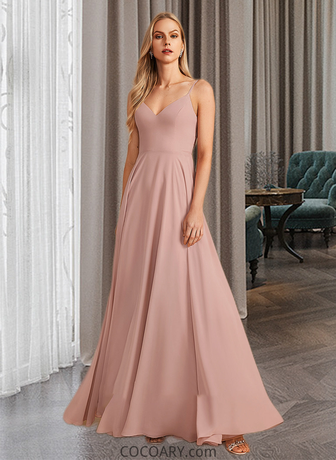 Riley A-Line V-neck Floor-Length Bridesmaid Dress With Lace DA8P0012975