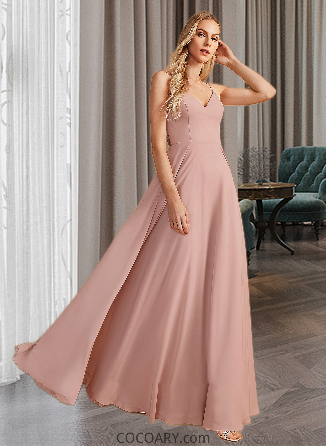 Riley A-Line V-neck Floor-Length Bridesmaid Dress With Lace DA8P0012975